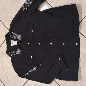 Quacker Factory Black Jean Jacket with White Embroidery